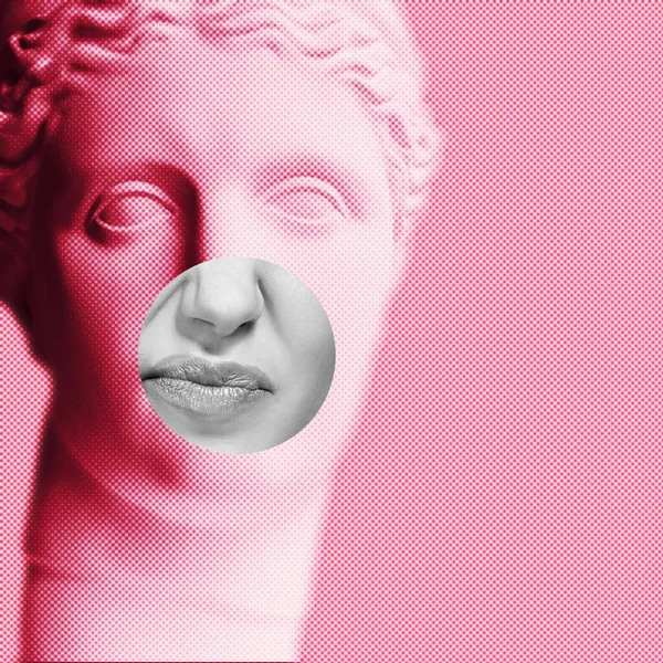 스타일의 조각상 머리의 현대적 콜라주는 하거나 회의적 표정의 감정적 여성을 — 스톡 사진