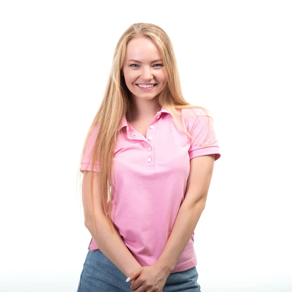 Feliz Sorrindo Jovem Bela Mulher Com Longos Cabelos Loiros Posando Fotografia De Stock