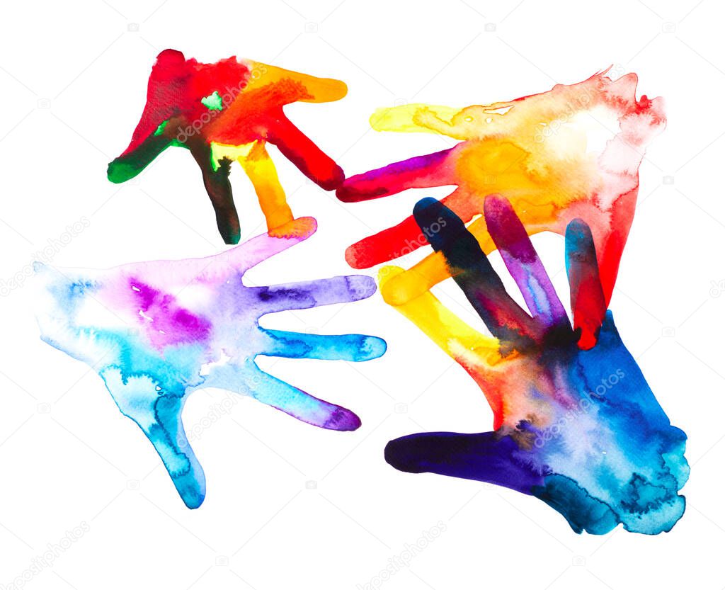 Human hands of different age and size, watercolor painting. Vivid illustration, family and togetherness concept, design element ideal for t-sirt print, posters