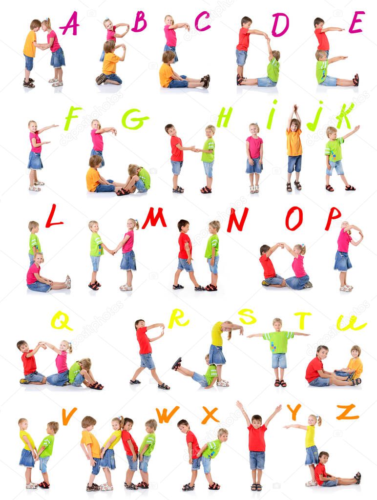 Children make alphabet. Letters mades of kids. Font concept. 