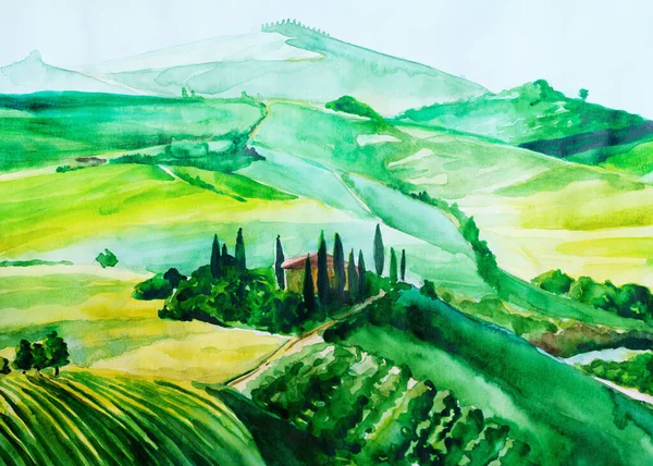 Pittura Acquerello Del Paesaggio Toscano Con Campi Prati Boschi Cipressi — Foto Stock