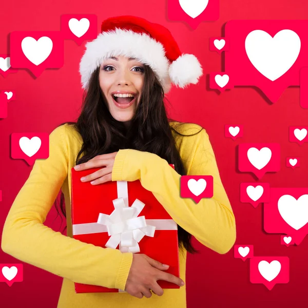 Weihnachtsmädchen Und Likes Aus Sozialen Netzwerken Junge Hübsche Lächelnde Frau — Stockfoto