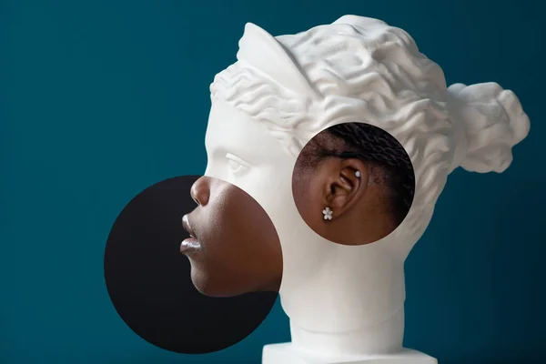 Colagem Contemporânea Cabeça Estátua Gesso Bela Mulher Afro Americana Perfil — Fotografia de Stock