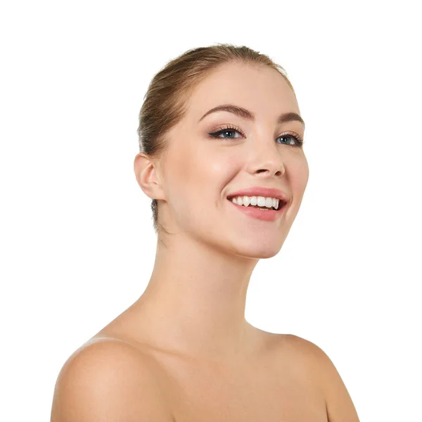 Jonge Aantrekkelijke Vrouw Poseren Studio Gelukkig Glimlachen Witte Achtergrond Mooi — Stockfoto