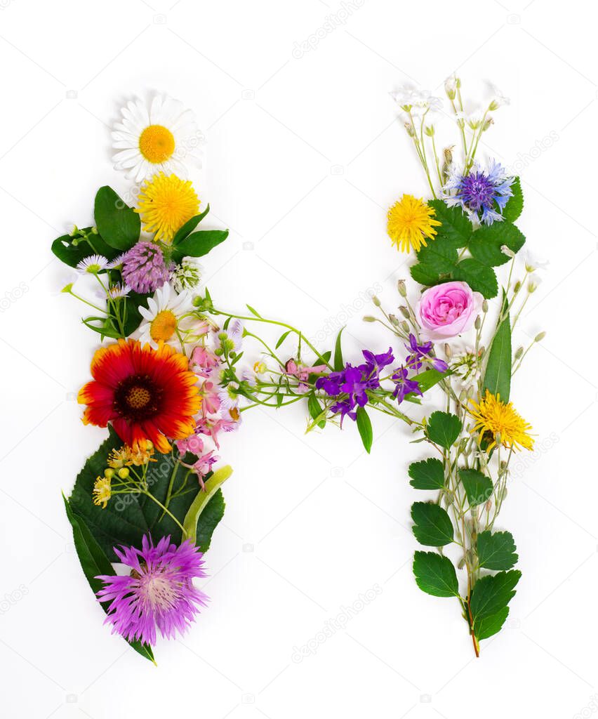 Floral summer font. Concept alphabet design, letter H. Seasonal decorative beautiful type mades of different multi-colored blooming flowers and grass. Natural summertime print
