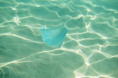 Okyanus kirliliği. Koronavirüs salgını sırasında cerrahi maskelerin aşırı kullanımı ve uygunsuz atık imhası sonucu.