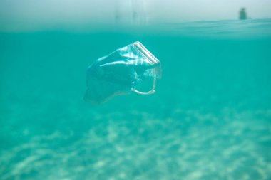 Okyanus kirliliği. Koronavirüs salgını sırasında cerrahi maskelerin aşırı kullanımı ve uygunsuz atık imhası sonucu.