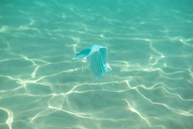 Okyanus kirliliği. Koronavirüs salgını sırasında cerrahi maskelerin aşırı kullanımı ve uygunsuz atık imhası sonucu.