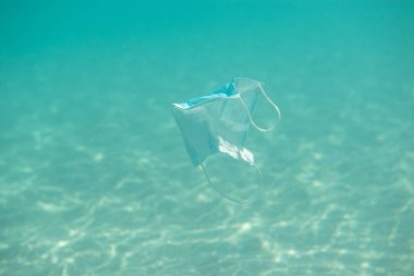 Okyanus kirliliği. Koronavirüs salgını sırasında cerrahi maskelerin aşırı kullanımı ve uygunsuz atık imhası sonucu.