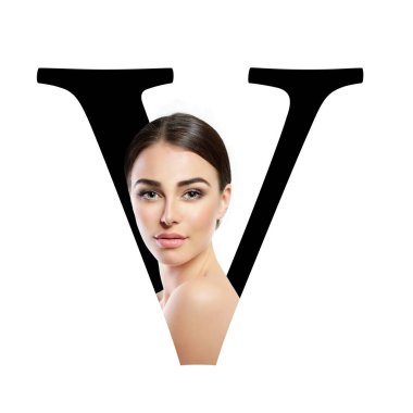 V harfi, konsept alfabe tasarımı ve genç çekici bir kadının yüzünün güzellik portresi. Kavramsal moda kaynağı