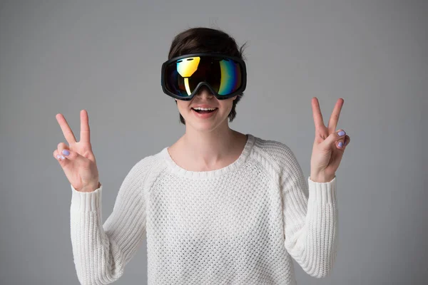 Female Portrait Ski Goggles Positive Expressions Victory Sign Winning Gesture — Stock Photo, Image