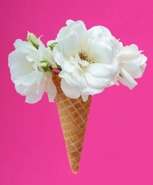 Eiswaffelkegel Mit Einem Strauß Sommerblumen Weiße Rosen Vor Rosa Hintergrund — Stockfoto