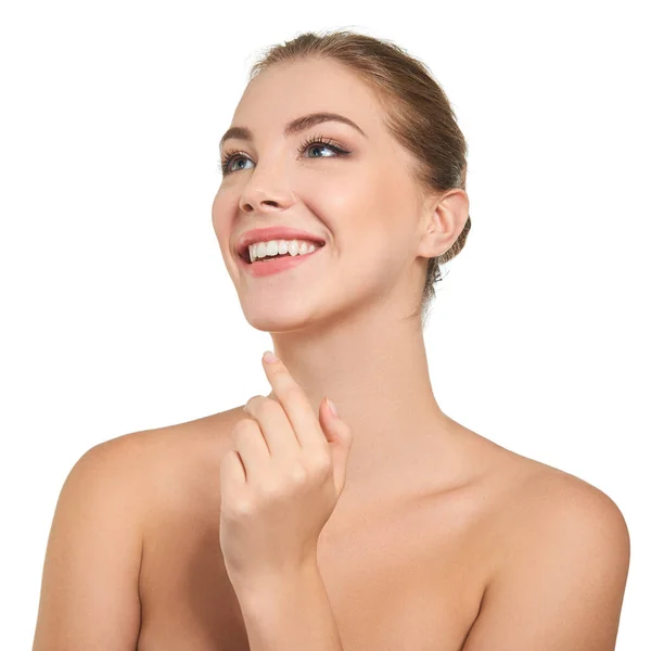 Mujer Atractiva Joven Posando Estudio Feliz Sonriendo Sobre Fondo Blanco — Foto de Stock