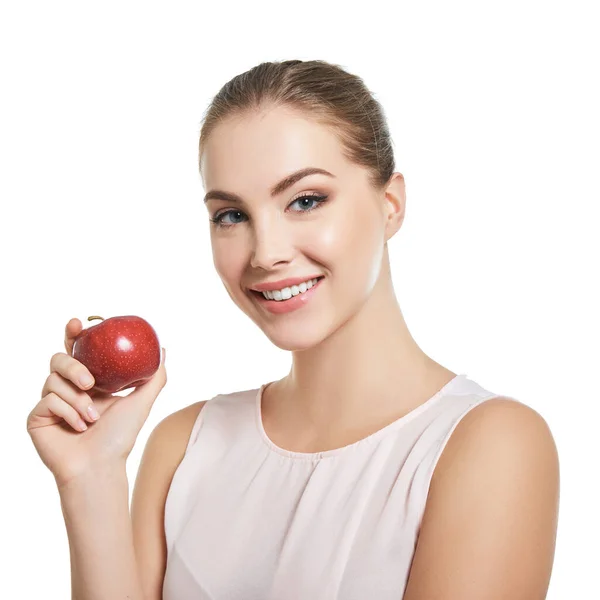 Mujer Atractiva Joven Posando Estudio Con Sonrisa Perfecta Sosteniendo Manzana — Foto de Stock