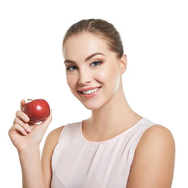 Jeune Femme Séduisante Posant Studio Avec Sourire Parfait Tenant Pomme — Photo