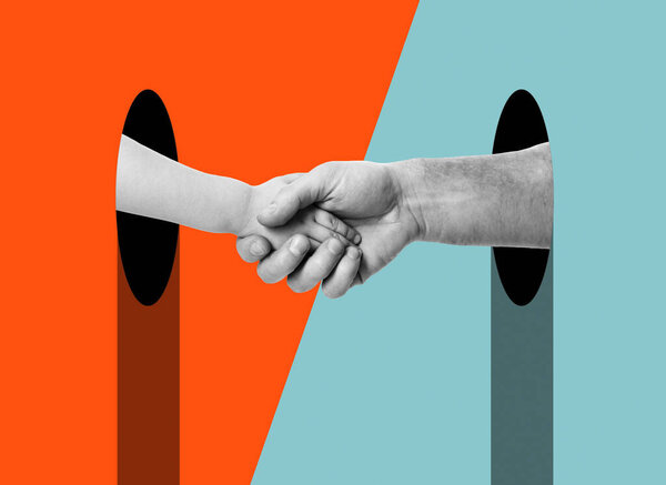 Hands. Handshake of father and kid. Modern design with positive context. Generations. Help, support and agreement between adults and children concept. Contemporary art collage, trendy urban minimalistic magazine style. 
