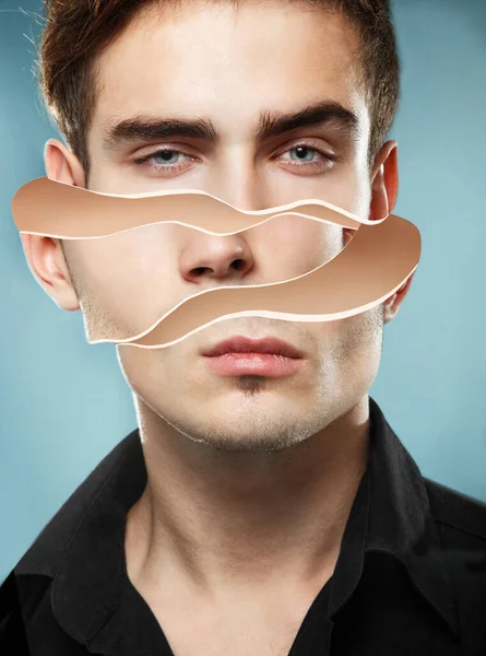 Young Fashion Man Black Shirt Blue Eyes Shifted Parts Head — Stock Photo, Image