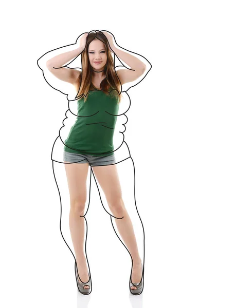 迷人的瘦小女孩 全长的肖像孤立在白色的背景与轮廓一个超重的女人周围 健康饮食 运动和瘦身概念 — 图库照片
