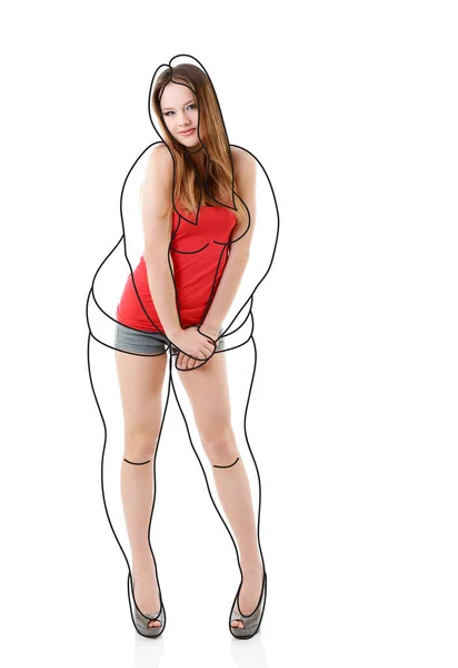 迷人的瘦小女孩 全长的肖像孤立在白色的背景与轮廓一个超重的女人周围 健康饮食 运动和瘦身概念 — 图库照片