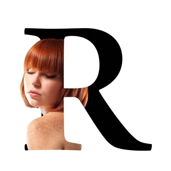 字母R 概念字母表设计与年轻漂亮女子的容貌 概念时尚之泉 — 图库照片