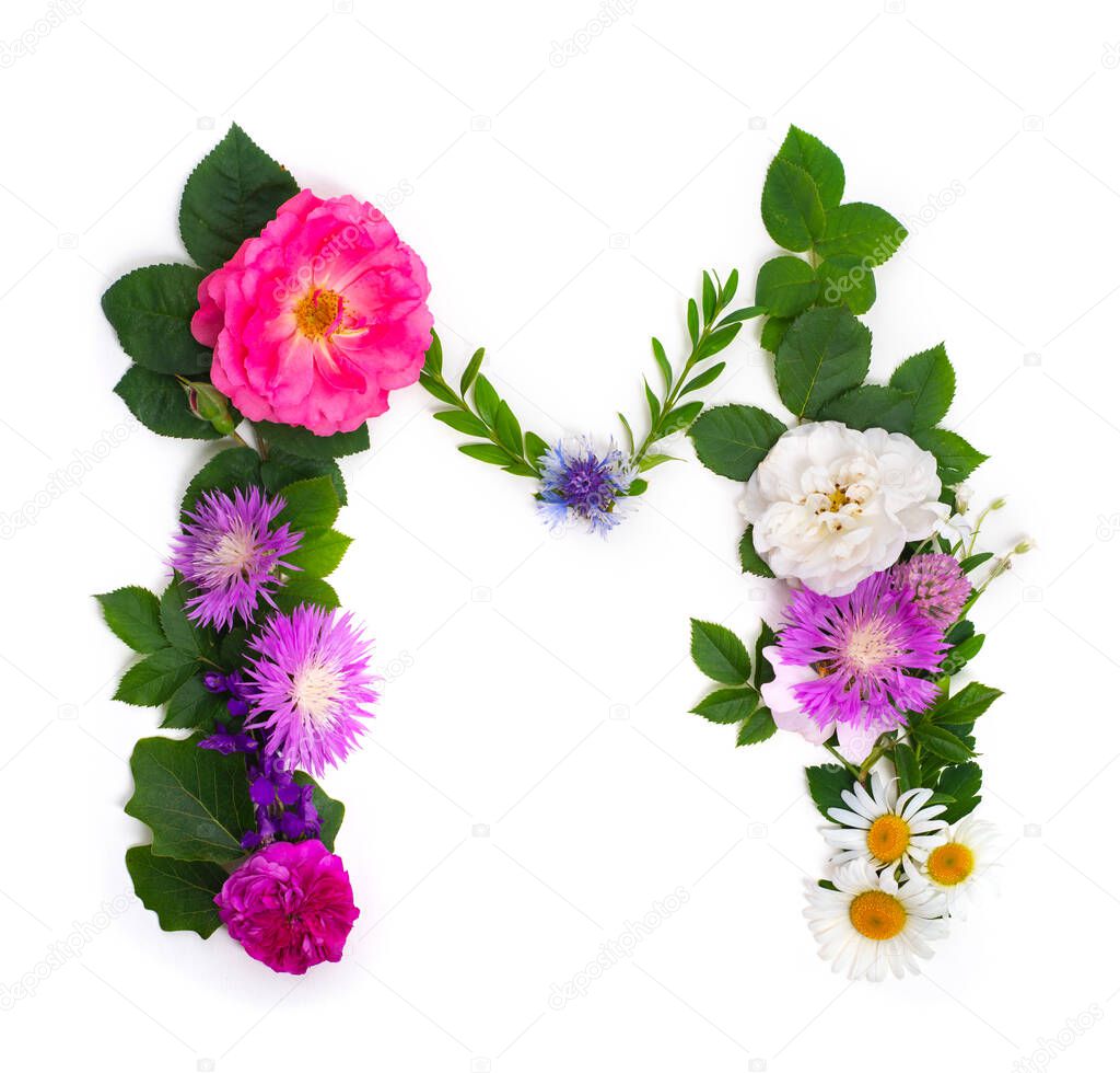 Floral summer font. Concept alphabet design, letter M. Seasonal decorative beautiful type mades of different multi-colored blooming flowers and grass. Natural summertime print