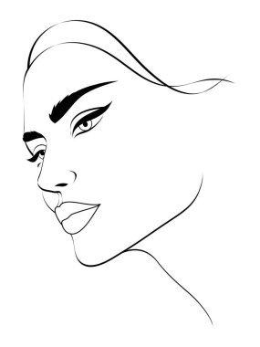 Soyut güzel kadın yüzü. Minimalist moda tasarımı, tişört için vektör çizimi, baskılar, kapaklar, posterler, logo, dövme