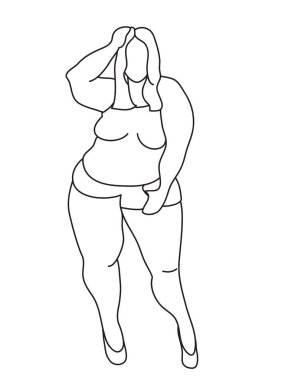 Artı cüsseli kadın. Soyut vücut pozitifliği, kadın portresi, sanat eseri. Minimalist moda tasarımı, hızlı taslak, t-shirt, baskılar, kapaklar, posterler, logo, dövme için vektör çizimi