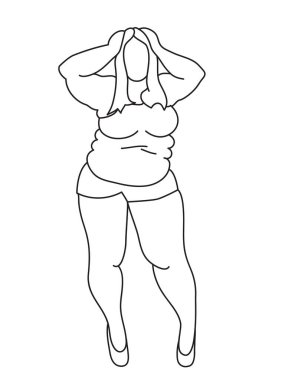 Artı cüsseli kadın. Soyut vücut pozitifliği, kadın portresi, sanat eseri. Minimalist moda tasarımı, hızlı taslak, t-shirt, baskılar, kapaklar, posterler, logo, dövme için vektör çizimi