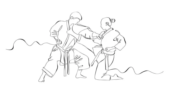 Karaté Combat Homme Femme Portant Dessin Kimono Avec Ligne Continue — Image vectorielle