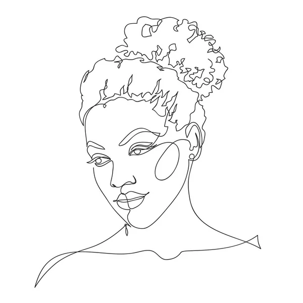 Abstract African American Female Portrait Continuous Line Style Woman Beauty — Stock Vector