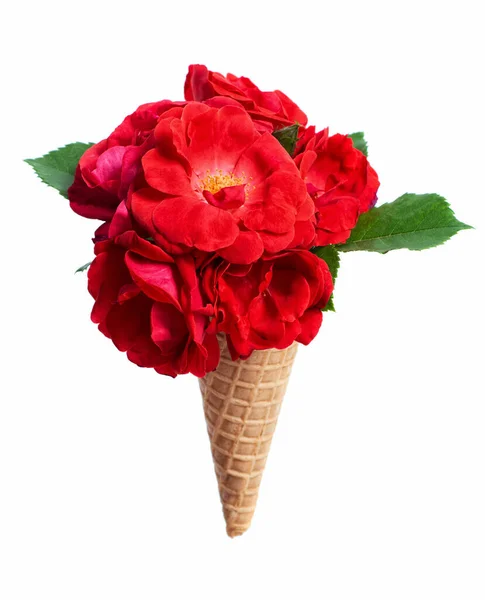 Ice Cream Waffle Cone Bouquet Summer Red Flowers Red Roses — Stock Photo, Image