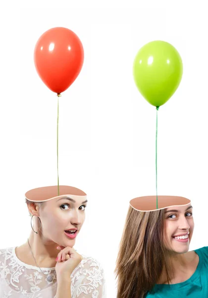 Illustraion Unga Kvinnor Med Ballonger Flyger Deras Huvuden Över Vita — Stockfoto