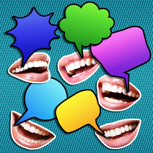 Współczesny Kolaż Artystyczny Uśmiechniętymi Ustami Bańkami Półtonowym Tle Media Społecznościowe — Zdjęcie stockowe