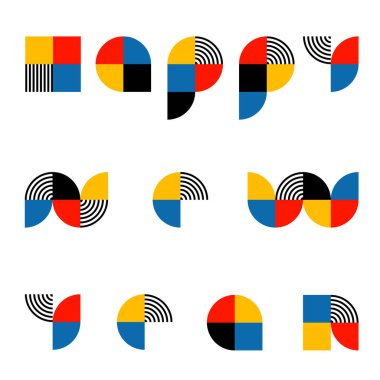 - Mutlu yıllar. Retro Bauhaus tasarım tarzında modaya uygun yazı tipi. Sanatsal geometrik baskı tipi. Biçimlendirilmiş alfabe