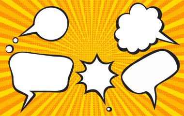 Çeşitli konuşma baloncukları ve renk yarım tonlarıyla tipik Amerikan çizgi roman sayfası, vektör illüstrasyonu 