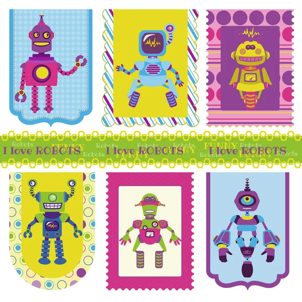 Jeu de Tags - Petits Robots mignons - pour votre design ou scrapbook — Image vectorielle