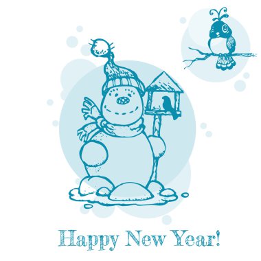 Noel ve yeni yıl kartı - kuşlar ve kardan adam - davet için
