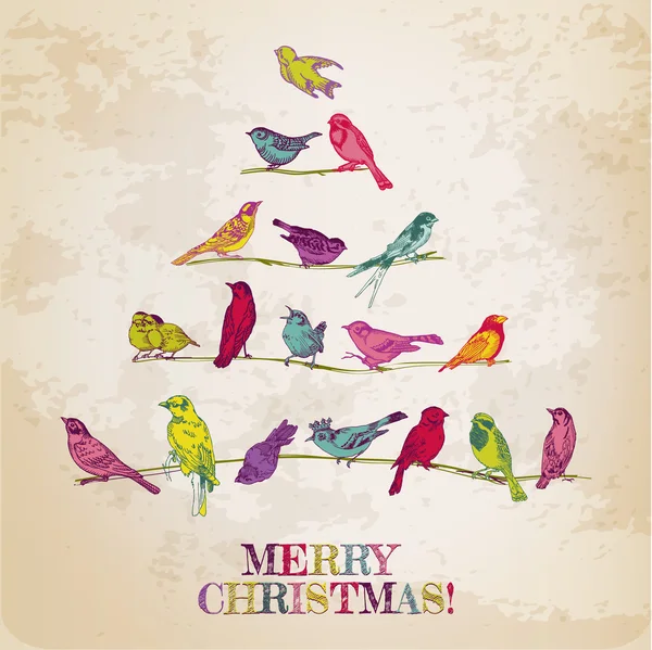 Retro Christmas Card - Birds on Christmas Tree - for invitation, Vector Graphics