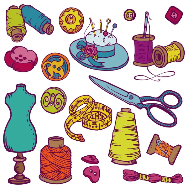 Sewing Kit Doodles - hand drawn design elements in vector — Stock Vector