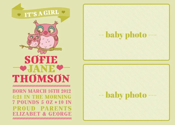 Κάρτα άφιξης μωρό με χαριτωμένο κουκουβάγια - με θέση για το κείμενο και το p — Διανυσματικό Αρχείο