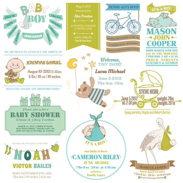 赤ちゃんの到着とシャワー コレクション - カードのデザイン、スクラップ ブック — ストックベクタ