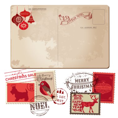 Vintage yılbaşı kartpostal ve pul - tasarım, davet için,