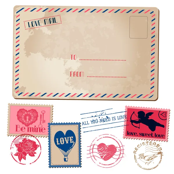 Ročník láska valentýnské pohlednice a poštovní známky - design, invitat Royalty Free Stock Ilustrace