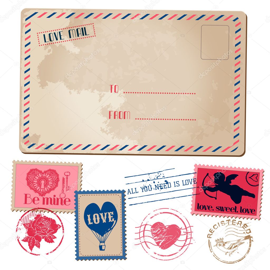 Vintage Love Valentine Postcard and Stamps - for design, invitat
