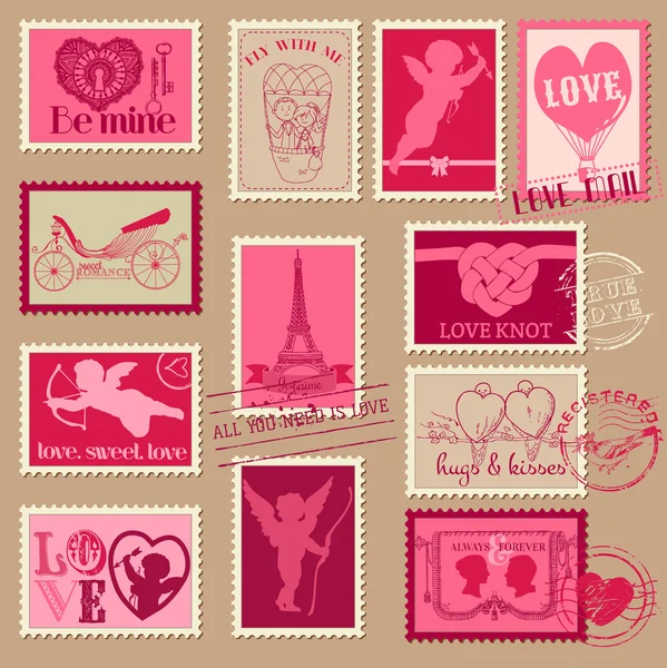 Vintage Love Valentine Stamps - for design, invitation, scrapboo — Stock Vector