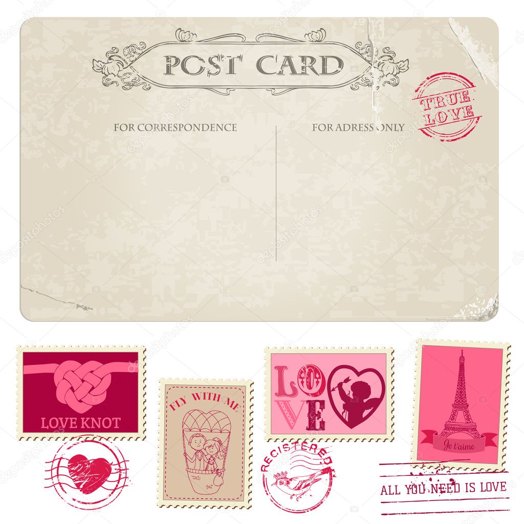 Vintage Postcard and Postage Stamps - for wedding design, invita