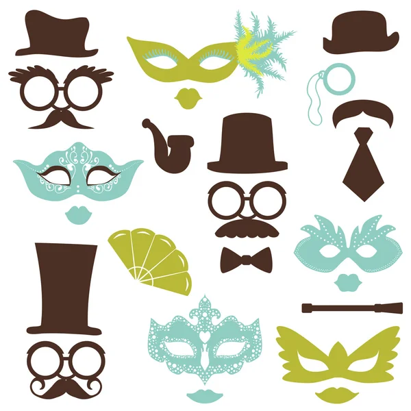 Ρετρό κόμμα σύνολο - γυαλιά, καπέλα, χείλη, μουστάκια, μάσκες - για την de — Διανυσματικό Αρχείο