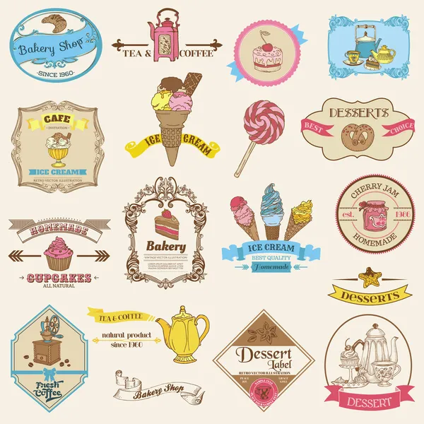 Etichette Vintage Bakery e Dessert - per design e scrapbook — Vettoriale Stock