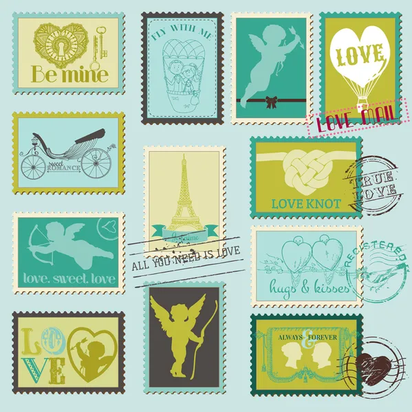 Vintage Love Valentine Stamps - for design, invitation, scrapboo — Stock Vector