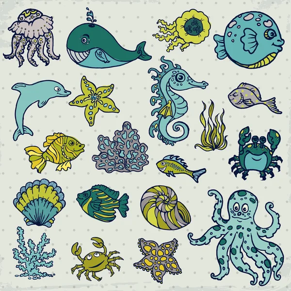 Verano Sea Life criaturas - estrella, peces, concha, cangrejo - para el diseño — Vector de stock